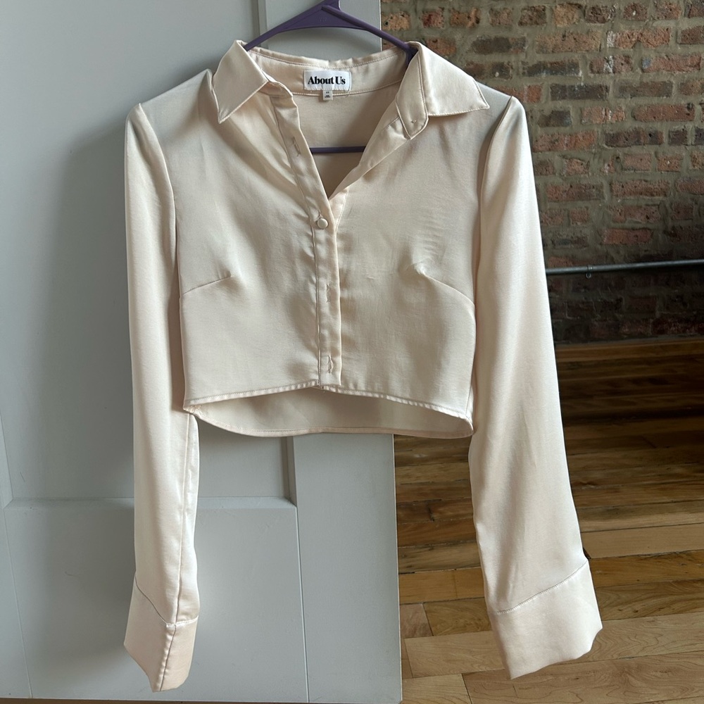 About Us Cara Cropped Button Up Top from Revolve